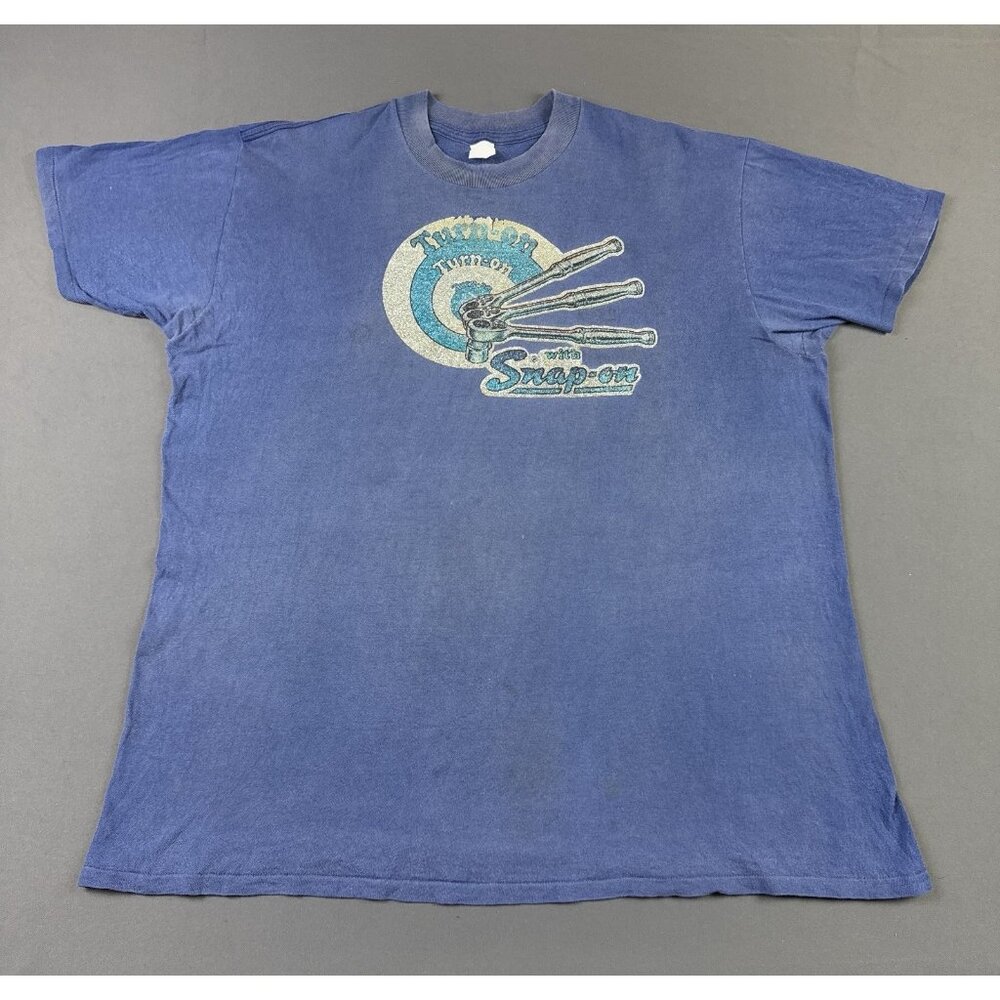 Rare Vintage 70s 80s Snap-On Tools Sun Faded Single Stitch Blue Shirt XL Promo
